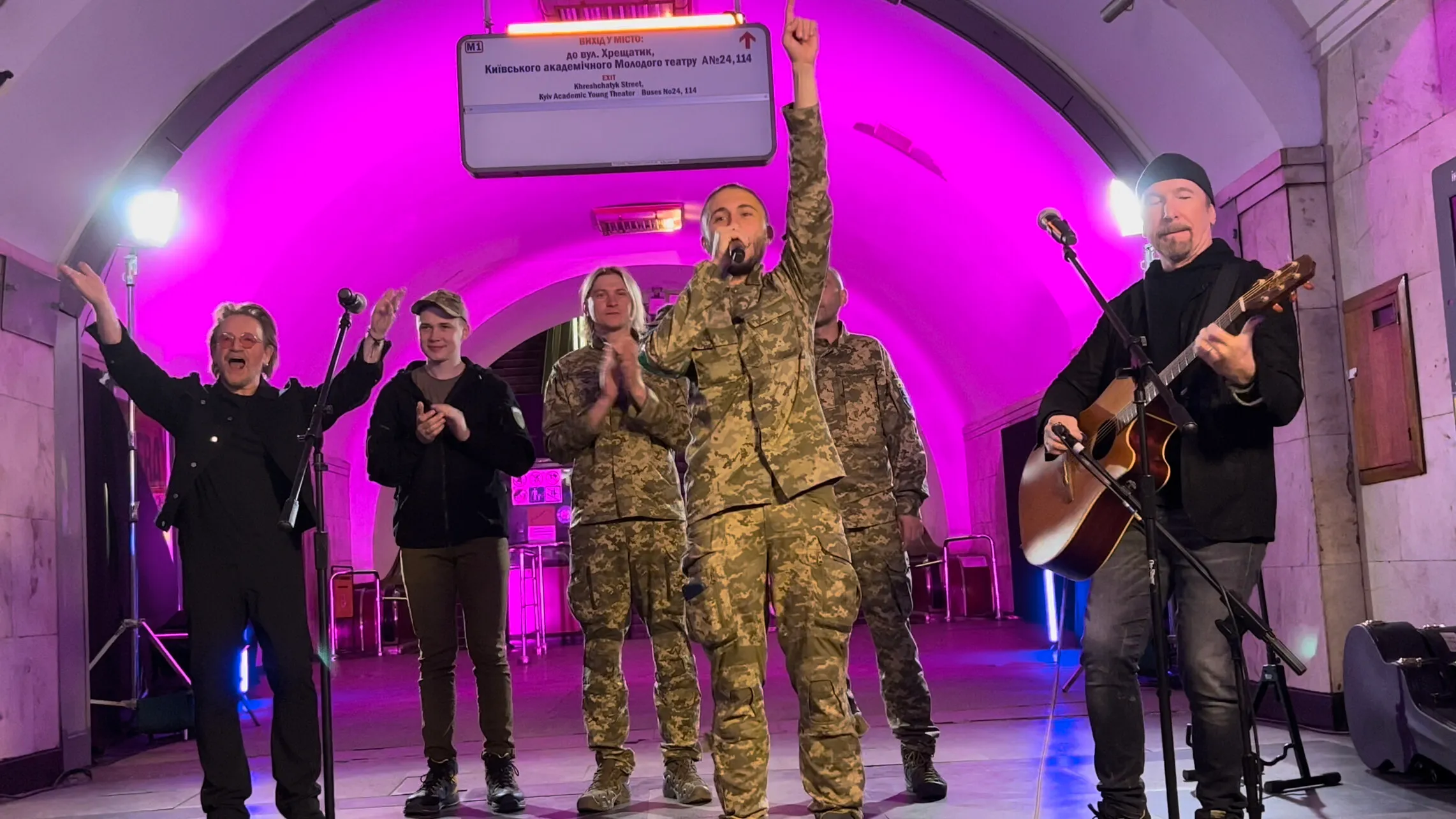 Antytila performs with Bono and The Edge in a Kyiv metro station